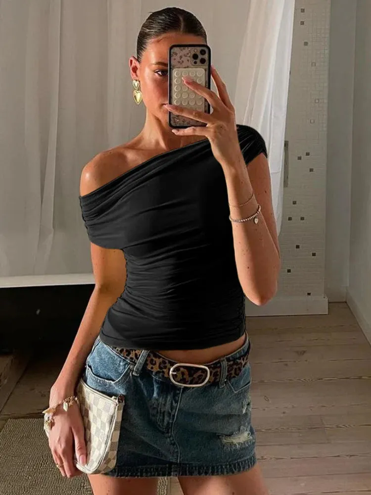 Drawstring Ruched One Shoulder Crop Top