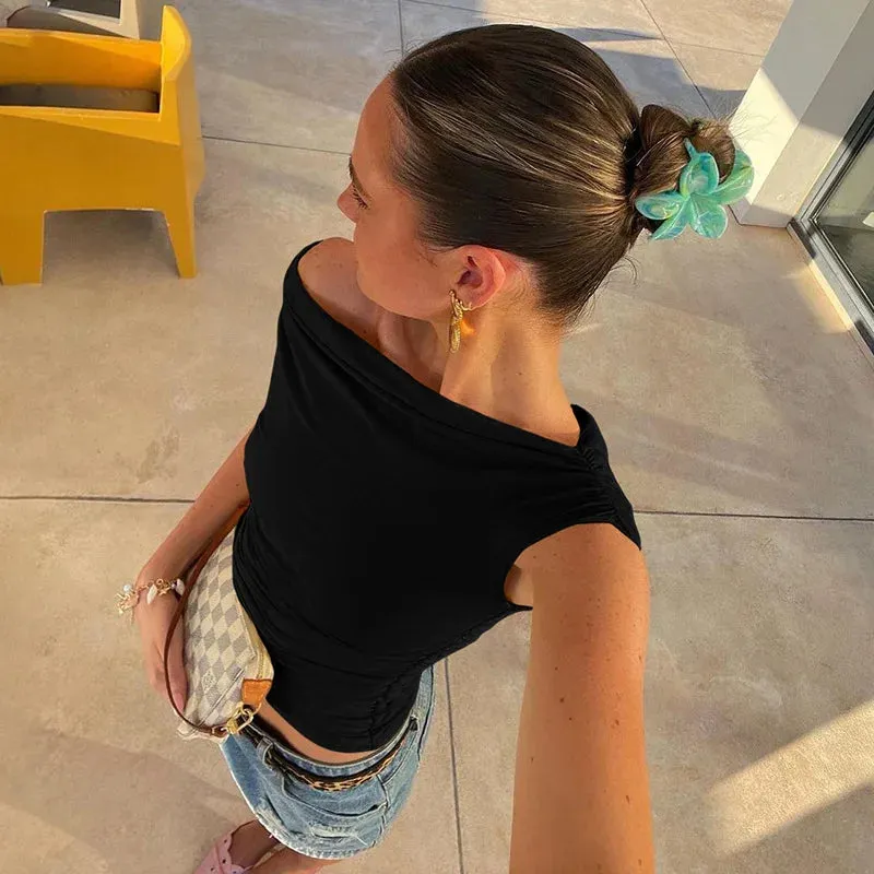 Drawstring Ruched One Shoulder Crop Top