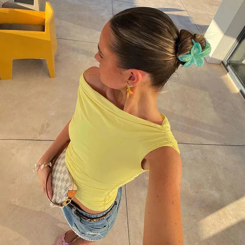 Drawstring Ruched One Shoulder Crop Top