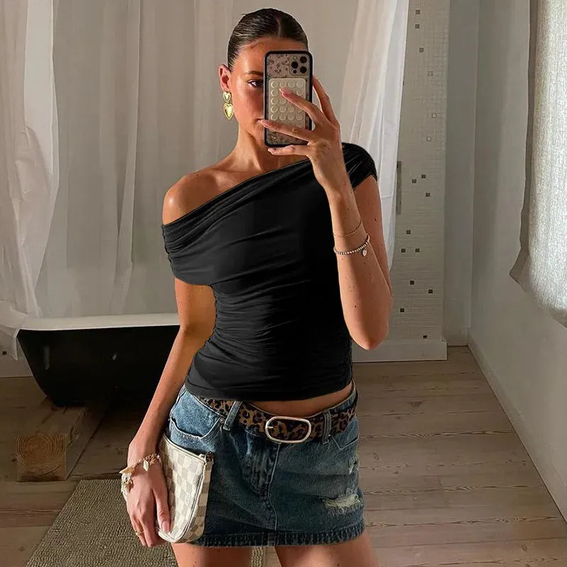 Drawstring Ruched One Shoulder Crop Top