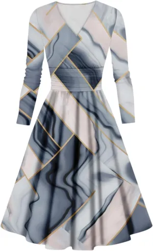Dress for Women Casual Fashion Gradient Color Printed Oversized Long Sleeve V-Neck Sexy Slim Fall Dresses for Women