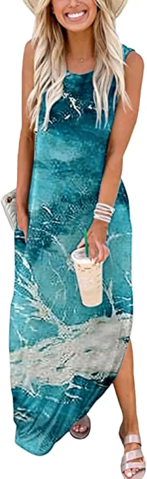Dresses for Women 2024 Casual Loose Sundress Summer Sleeveless Split Maxi Dresses Long Sun Dress for Beach Vacation