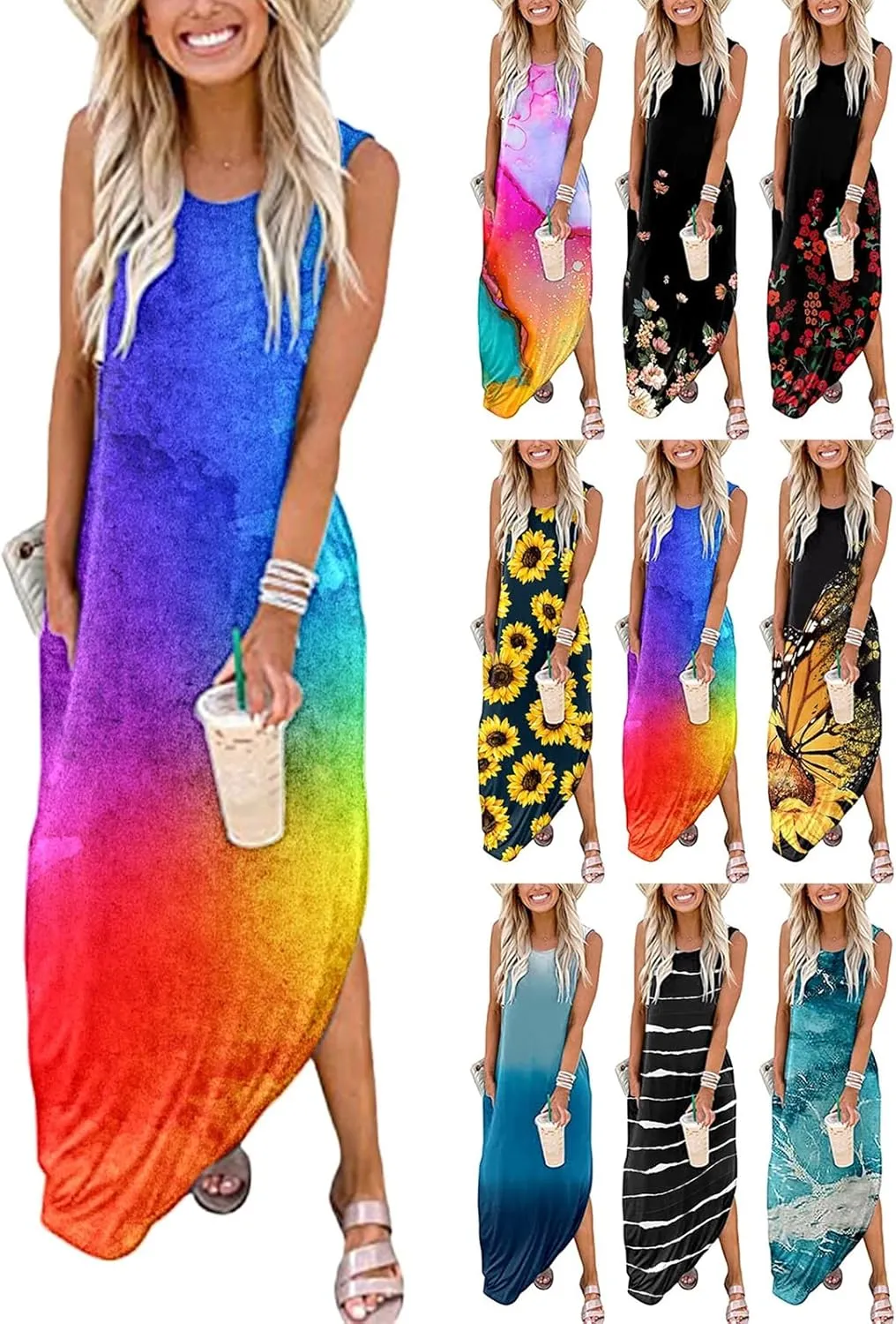 Dresses for Women 2024 Casual Loose Sundress Summer Sleeveless Split Maxi Dresses Long Sun Dress for Beach Vacation