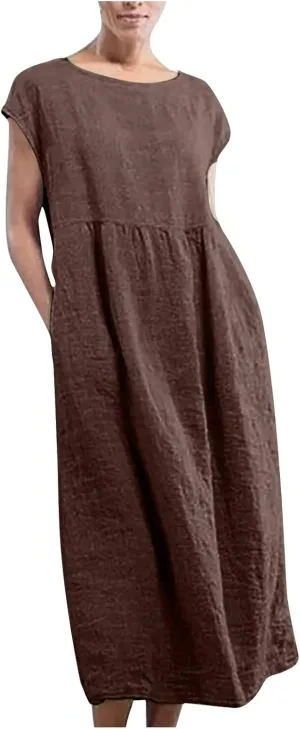 Dresses for Women Sleeveless Round Neck Cotton Linen Solid Color Maxi Dress Causal Trendy Vintage Long Dresses 2025