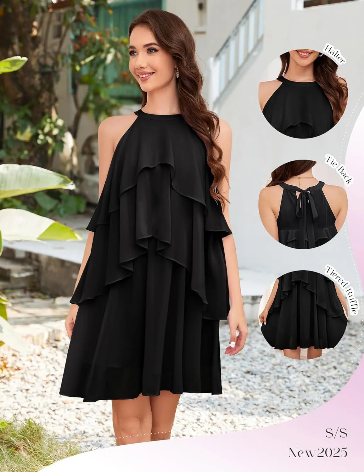 DRESSTELLS Women's Casual Halter Ruffle Tiered Dresses, Beach Wedding Cocktail Party Mini Sundress
