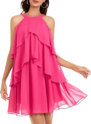 DRESSTELLS Women's Casual Halter Ruffle Tiered Dresses, Beach Wedding Cocktail Party Mini Sundress