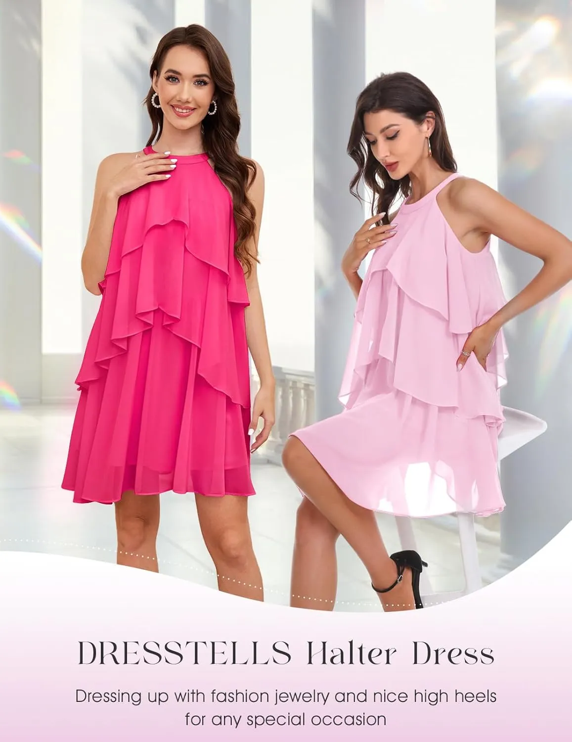 DRESSTELLS Women's Casual Halter Ruffle Tiered Dresses, Beach Wedding Cocktail Party Mini Sundress