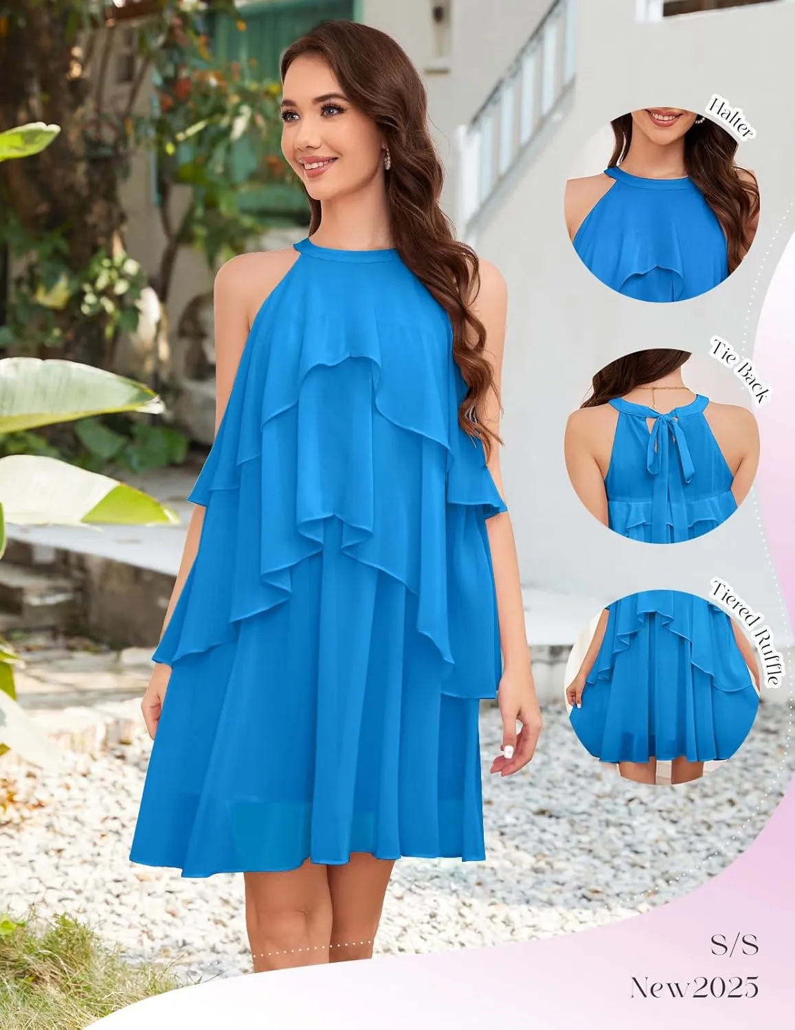 DRESSTELLS Women's Casual Halter Ruffle Tiered Dresses, Beach Wedding Cocktail Party Mini Sundress