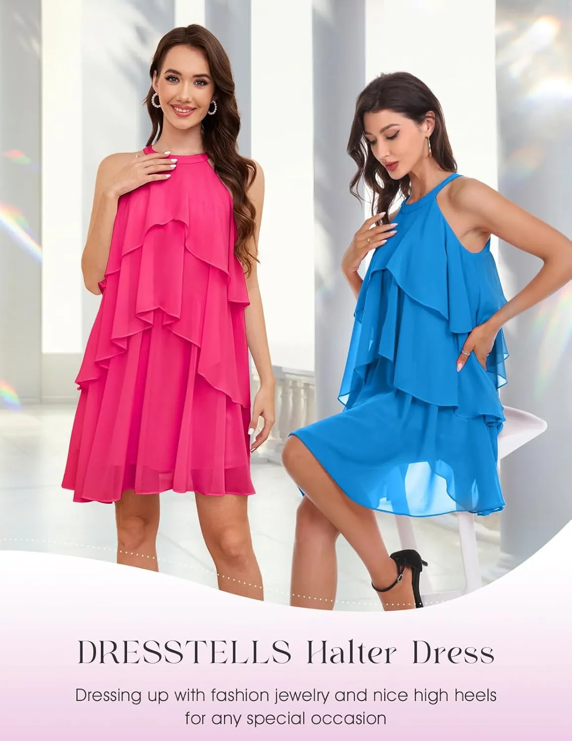 DRESSTELLS Women's Casual Halter Ruffle Tiered Dresses, Beach Wedding Cocktail Party Mini Sundress