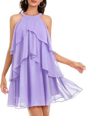 DRESSTELLS Women's Casual Halter Ruffle Tiered Dresses, Beach Wedding Cocktail Party Mini Sundress