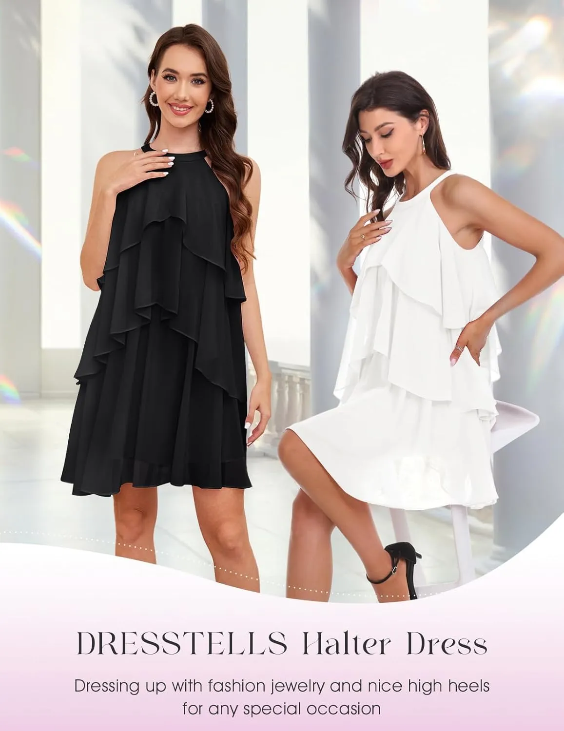 DRESSTELLS Women's Casual Halter Ruffle Tiered Dresses, Beach Wedding Cocktail Party Mini Sundress