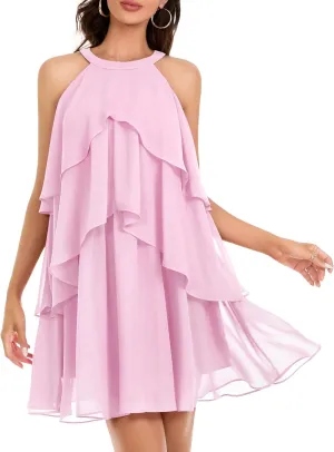 DRESSTELLS Women's Casual Halter Ruffle Tiered Dresses, Beach Wedding Cocktail Party Mini Sundress