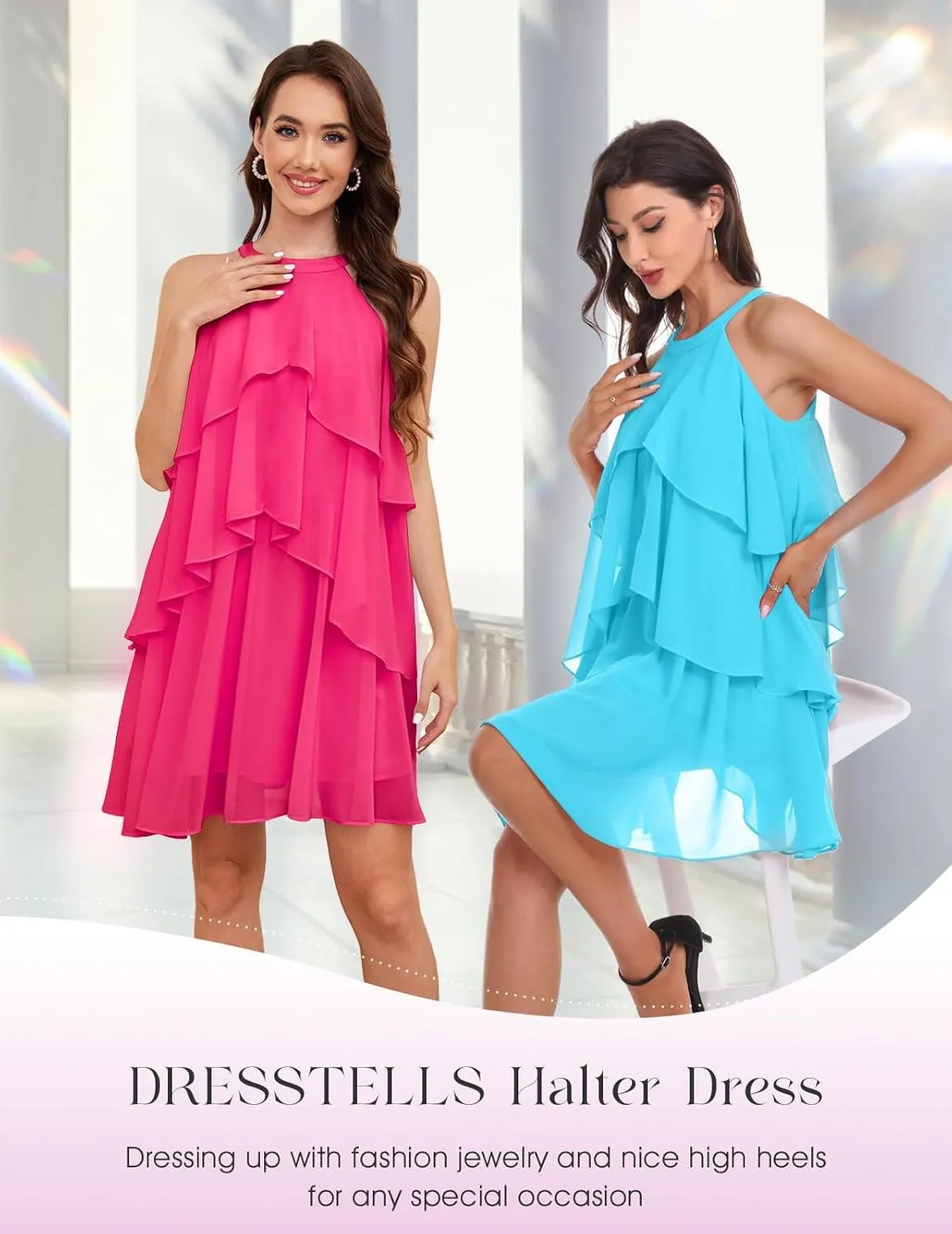 DRESSTELLS Women's Casual Halter Ruffle Tiered Dresses, Beach Wedding Cocktail Party Mini Sundress