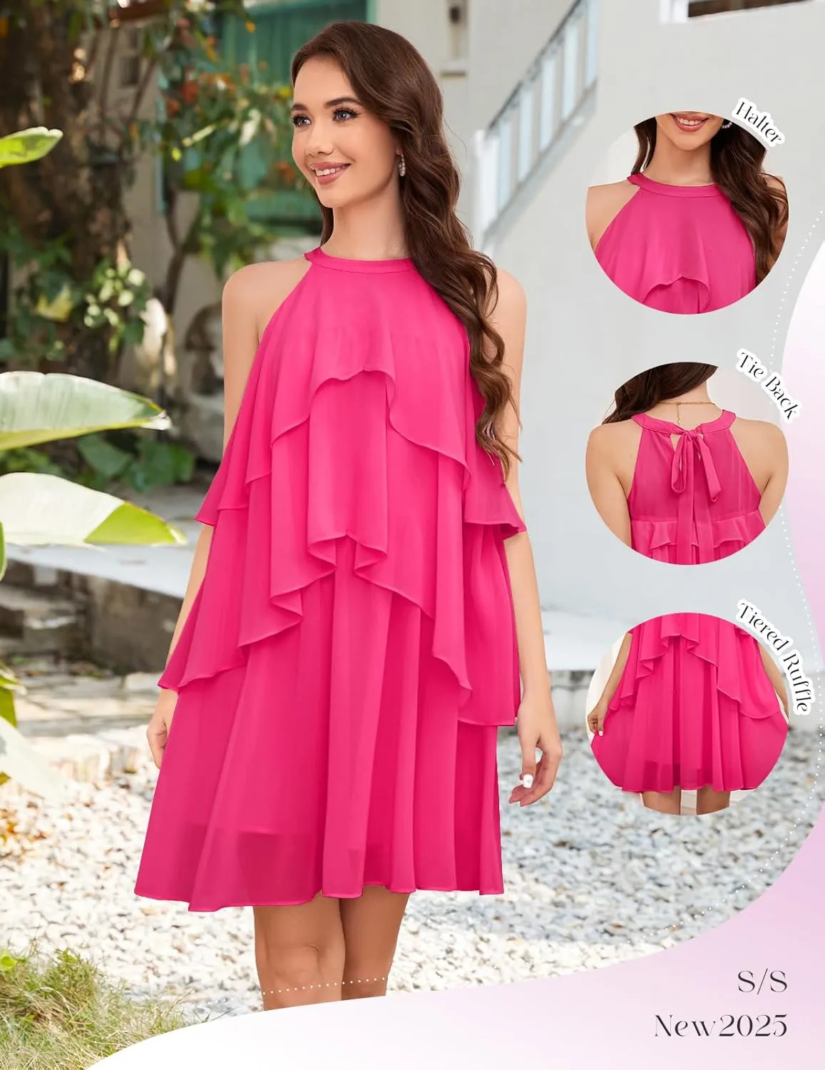 DRESSTELLS Women's Casual Halter Ruffle Tiered Dresses, Beach Wedding Cocktail Party Mini Sundress