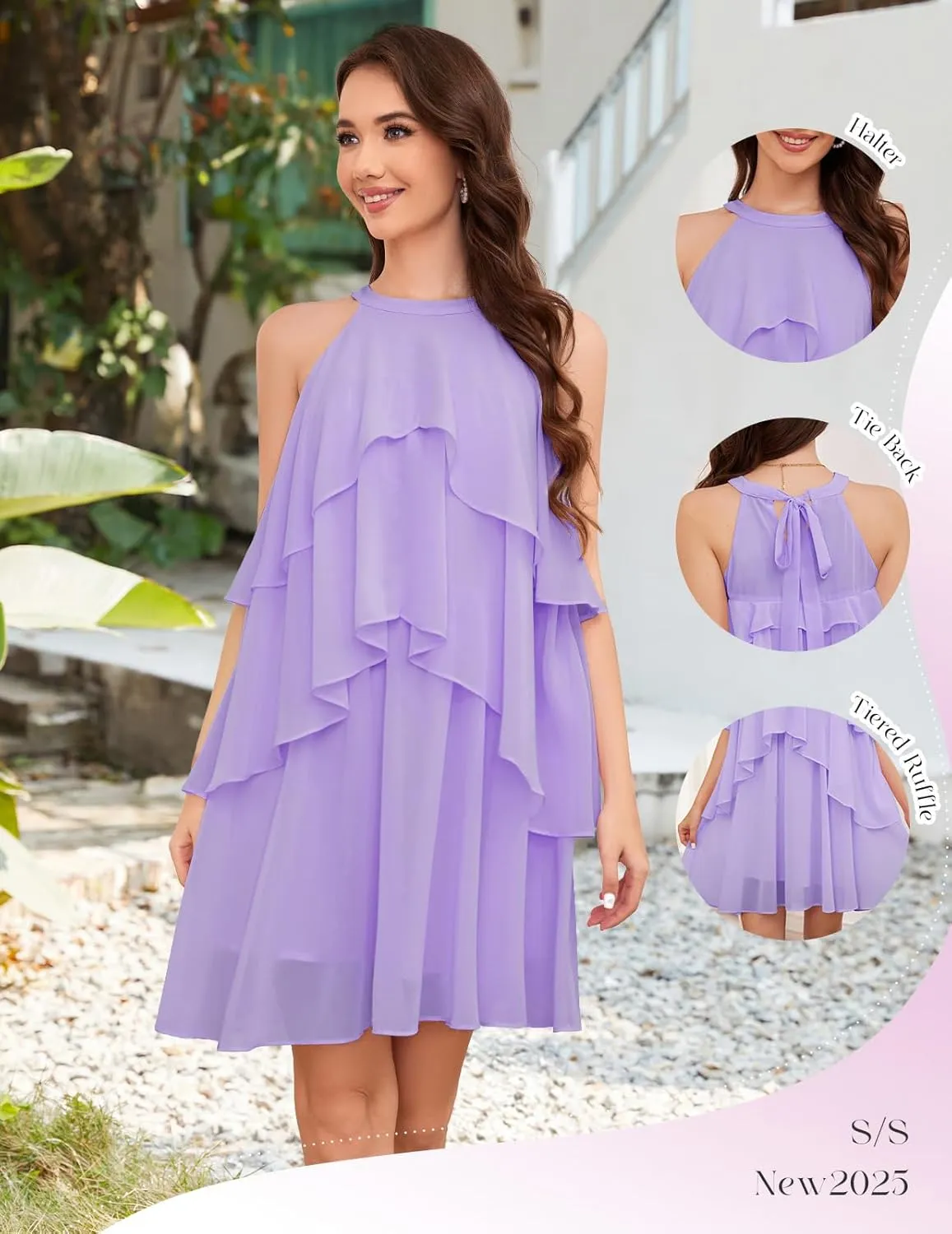 DRESSTELLS Women's Casual Halter Ruffle Tiered Dresses, Beach Wedding Cocktail Party Mini Sundress