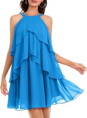 DRESSTELLS Women's Casual Halter Ruffle Tiered Dresses, Beach Wedding Cocktail Party Mini Sundress