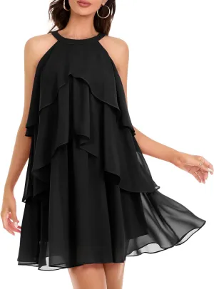 DRESSTELLS Women's Casual Halter Ruffle Tiered Dresses, Beach Wedding Cocktail Party Mini Sundress