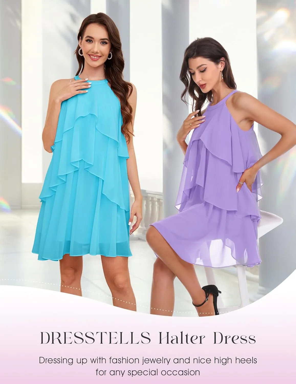 DRESSTELLS Women's Casual Halter Ruffle Tiered Dresses, Beach Wedding Cocktail Party Mini Sundress