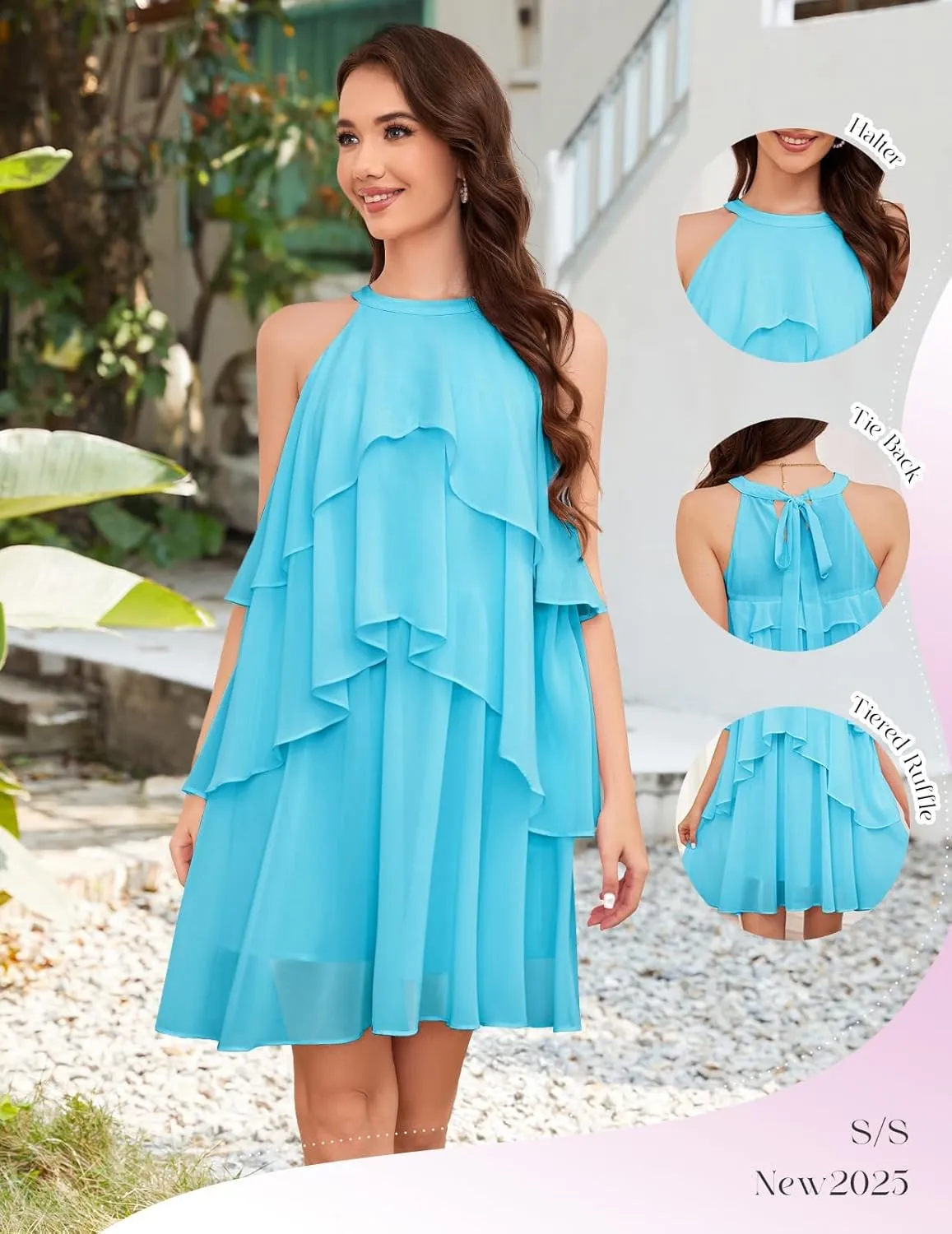 DRESSTELLS Women's Casual Halter Ruffle Tiered Dresses, Beach Wedding Cocktail Party Mini Sundress