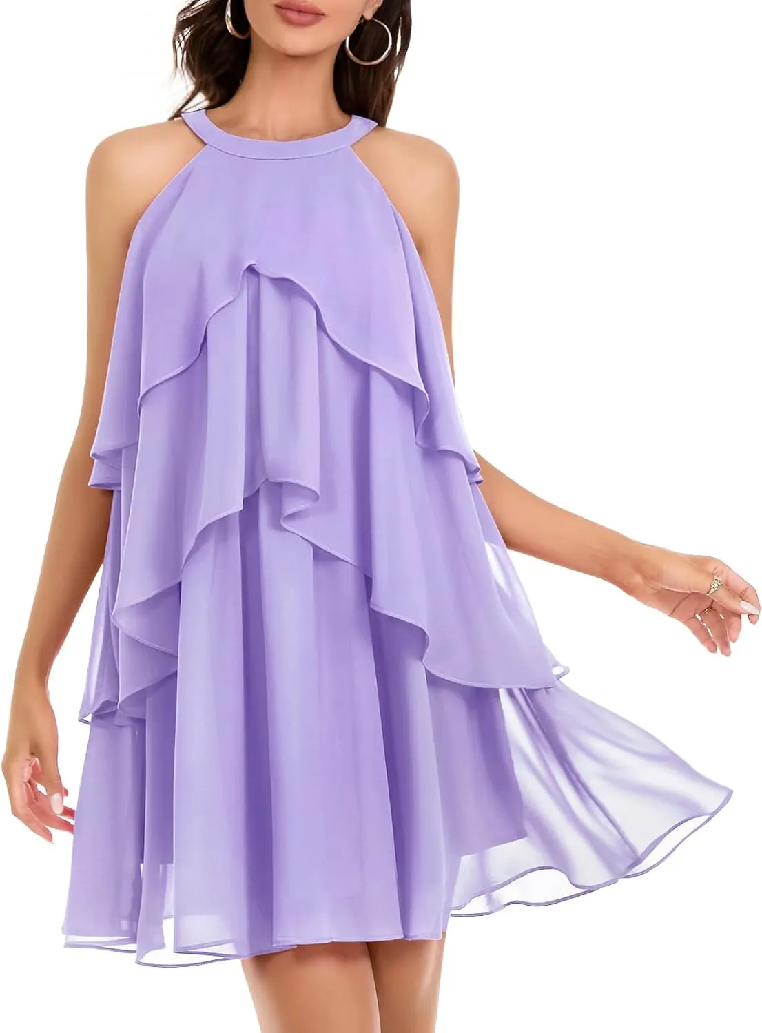 DRESSTELLS Women's Casual Halter Ruffle Tiered Dresses, Beach Wedding Cocktail Party Mini Sundress
