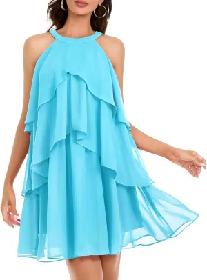 DRESSTELLS Women's Casual Halter Ruffle Tiered Dresses, Beach Wedding Cocktail Party Mini Sundress
