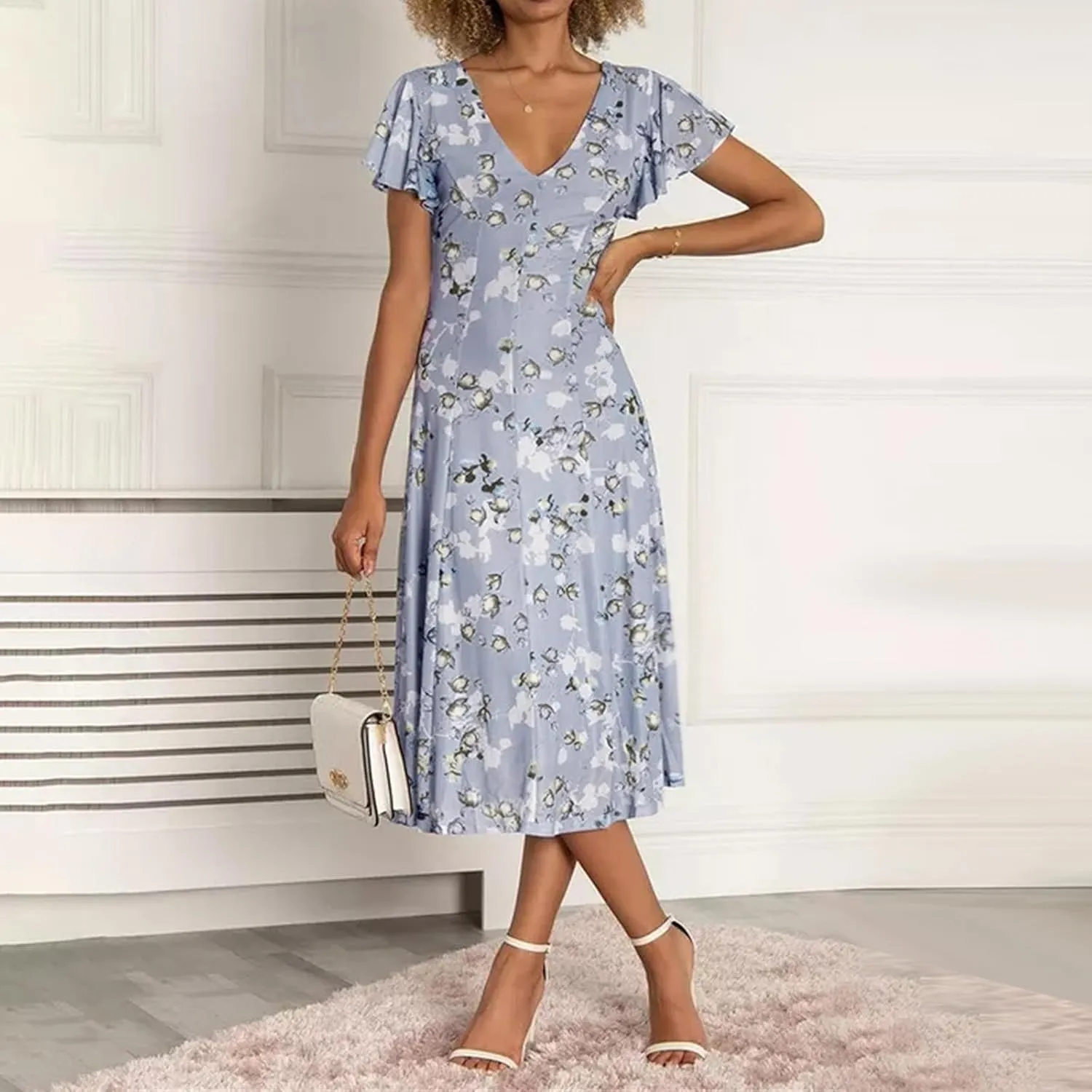 Easter Dress for Women Casual Spring Summer Swing Fitted Maxi Dress Ruffle Short Sleeve Dresses