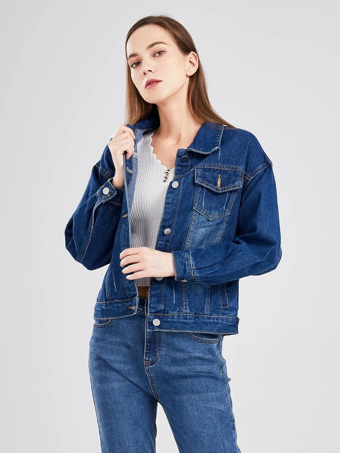 ebossy Women's Candy Color Denim Jacket Relaxed Fit Casual Jean Trucker Jacket