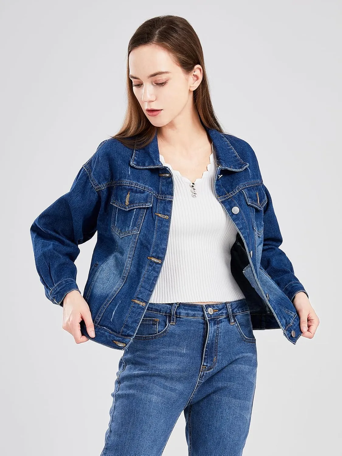 ebossy Women's Candy Color Denim Jacket Relaxed Fit Casual Jean Trucker Jacket