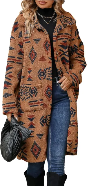 ebossy Women's Cozy Fleece Fluffy National Ethnic Floral Print Aztec Coat Single Breasted Warm Mid Long Trench Coat