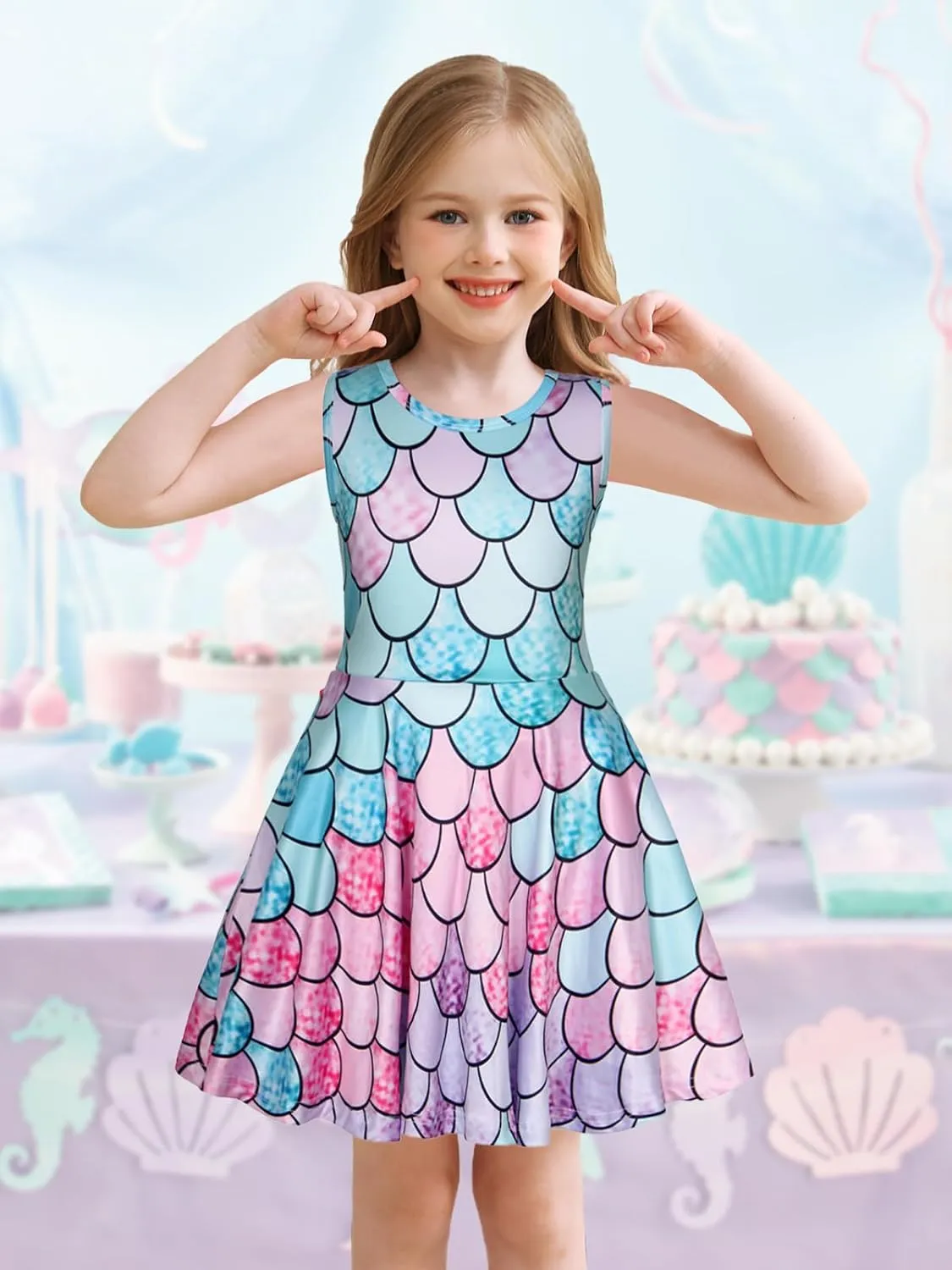 Eledobby Mermaid Dress for Girls Sleeveless Tank Dresses Summer Casual A-Line Swing Sundress Beach Mermaids Outfit