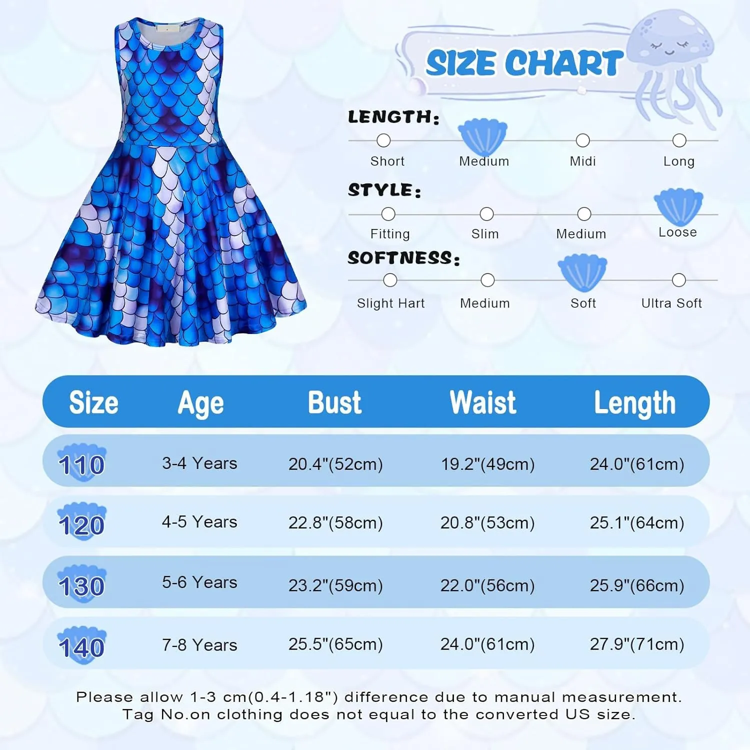 Eledobby Mermaid Dress for Girls Sleeveless Tank Dresses Summer Casual A-Line Swing Sundress Beach Mermaids Outfit