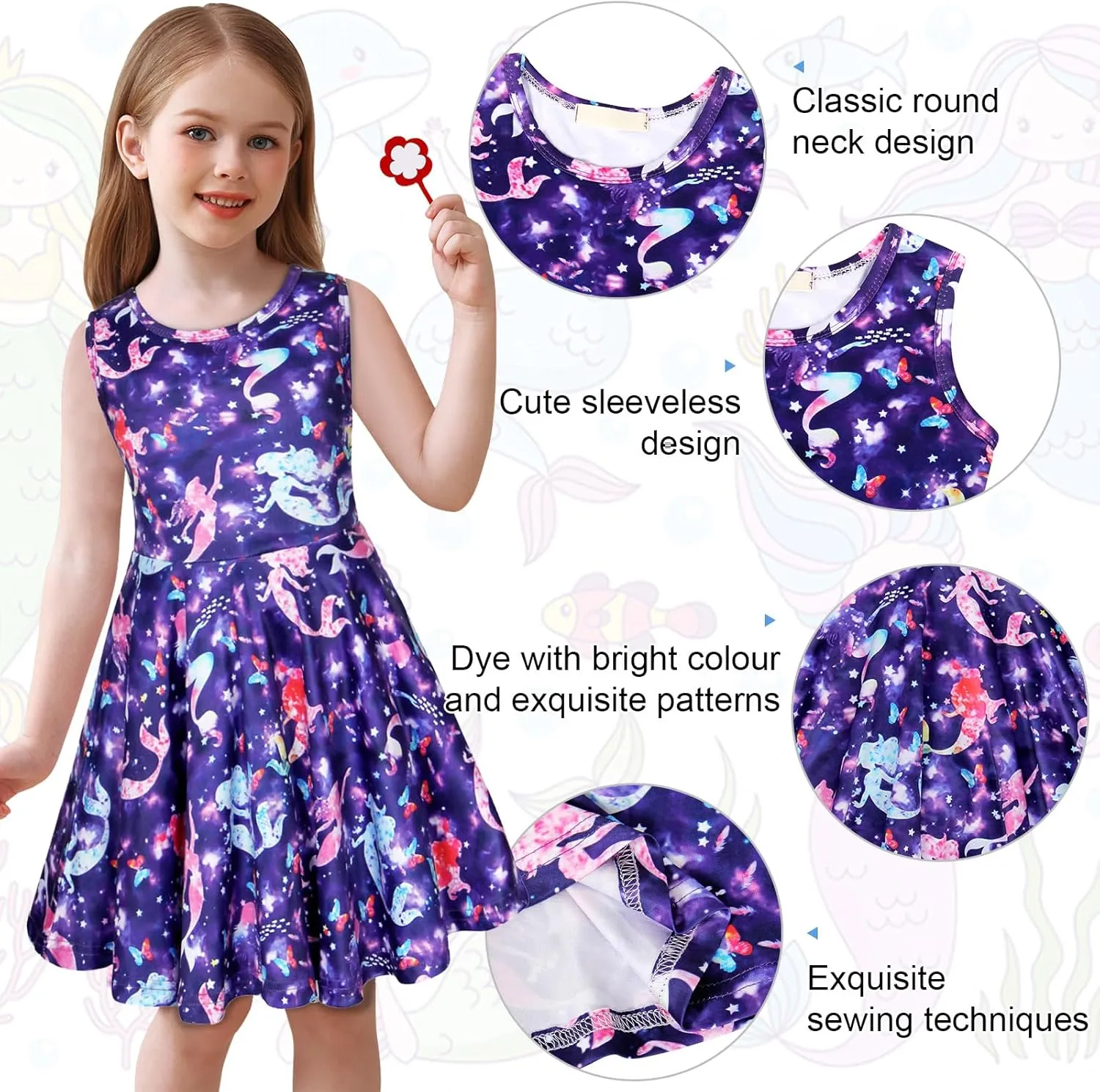 Eledobby Mermaid Dress for Girls Sleeveless Tank Dresses Summer Casual A-Line Swing Sundress Beach Mermaids Outfit