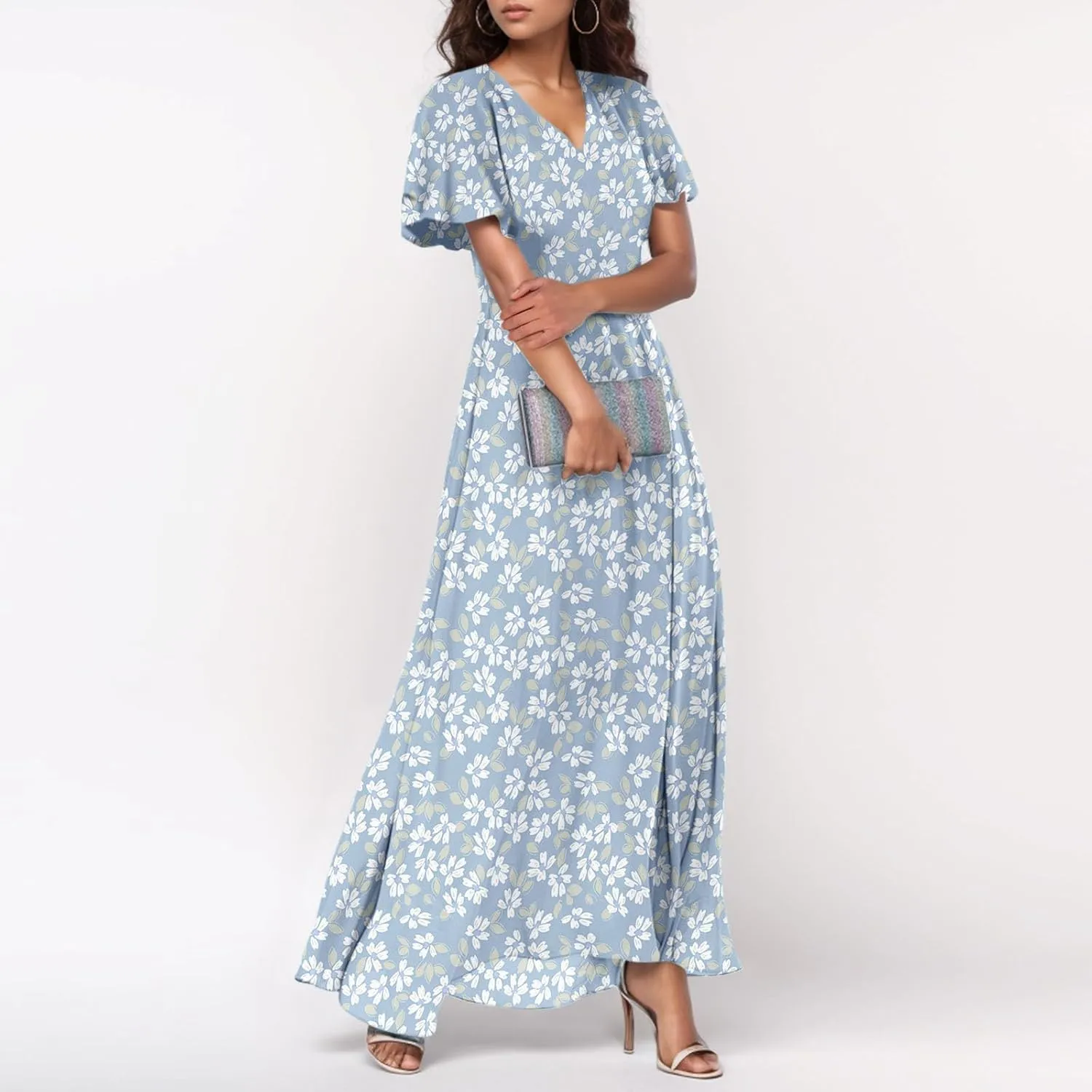 Elegant Dresses for Women 2025 Floral Print Ruffle Short Sleeve A-Line Dress Trendy V Neck High Waist Maxi Dress