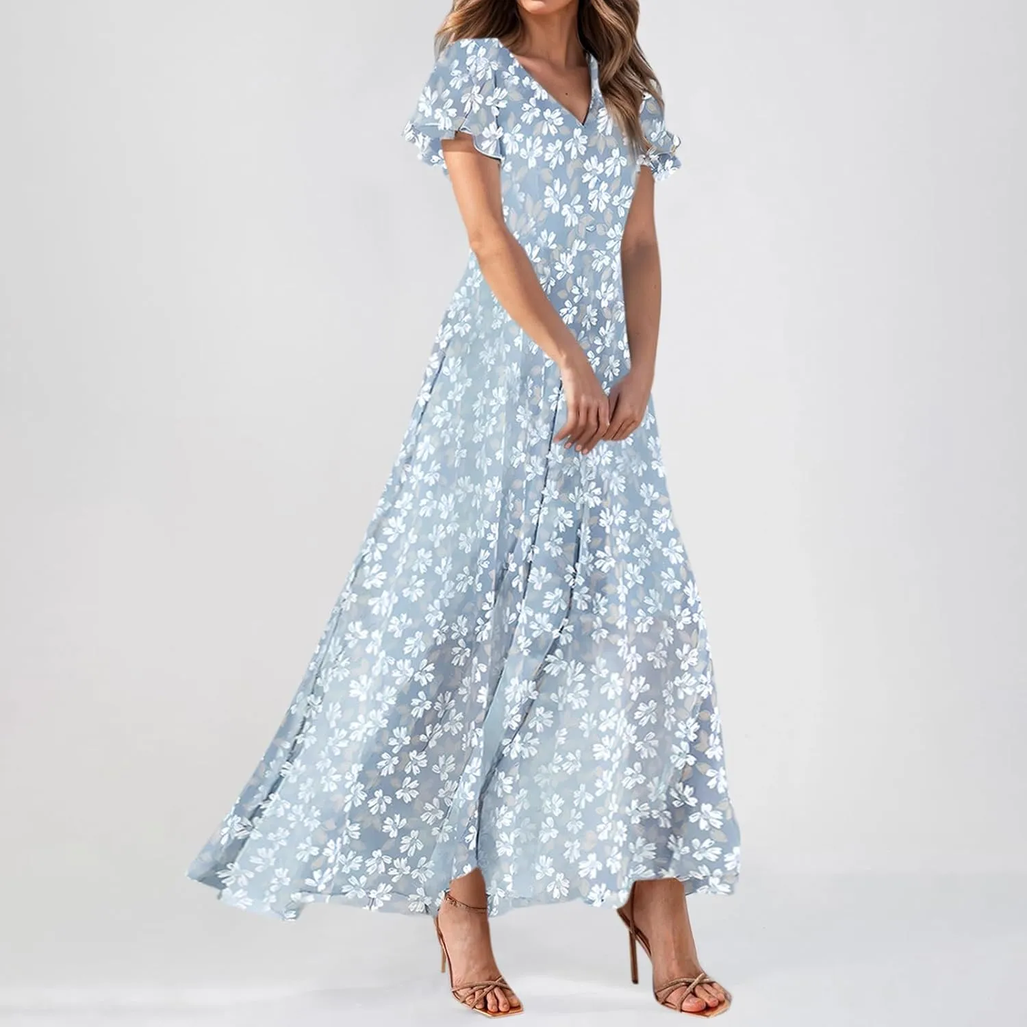 Elegant Dresses for Women 2025 Floral Print Ruffle Short Sleeve A-Line Dress Trendy V Neck High Waist Maxi Dress
