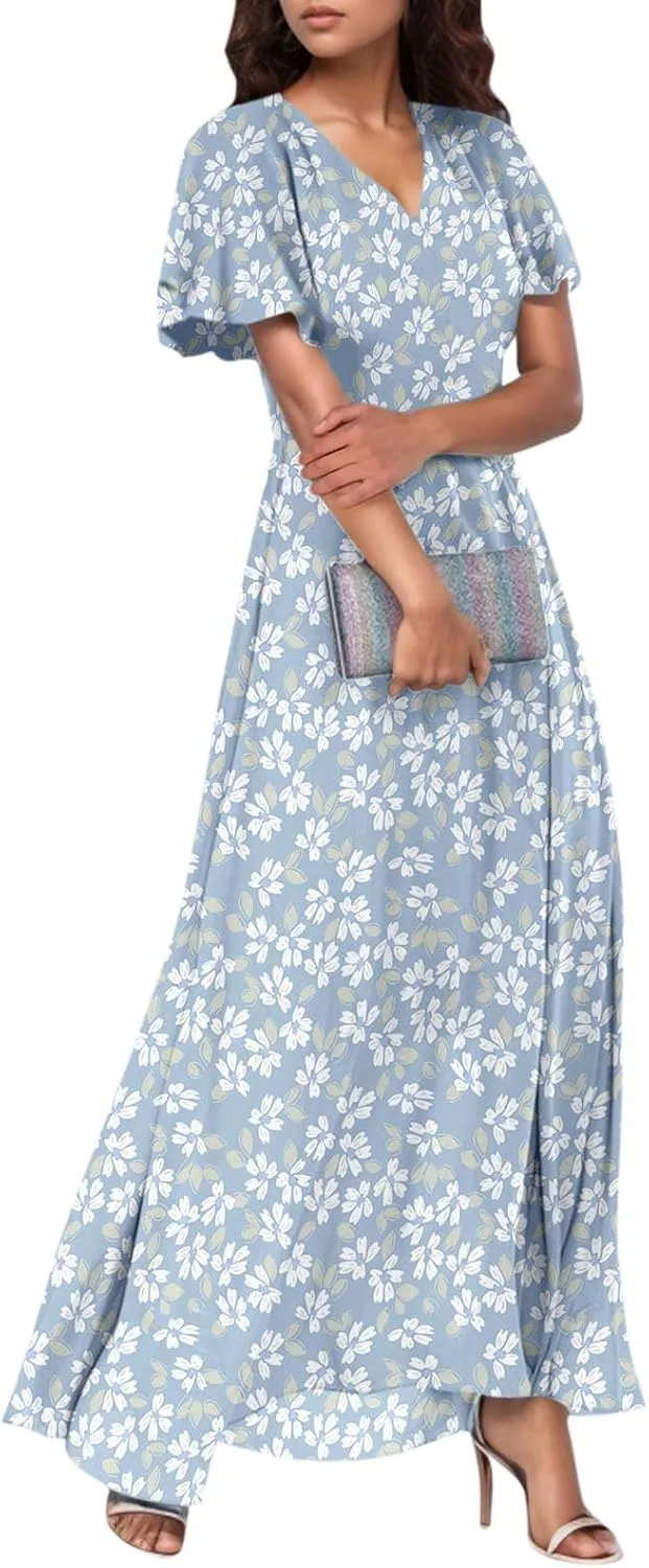 Elegant Dresses for Women 2025 Floral Print Ruffle Short Sleeve A-Line Dress Trendy V Neck High Waist Maxi Dress