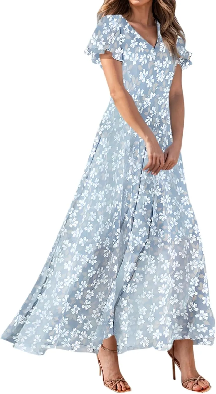 Elegant Dresses for Women 2025 Floral Print Ruffle Short Sleeve A-Line Dress Trendy V Neck High Waist Maxi Dress