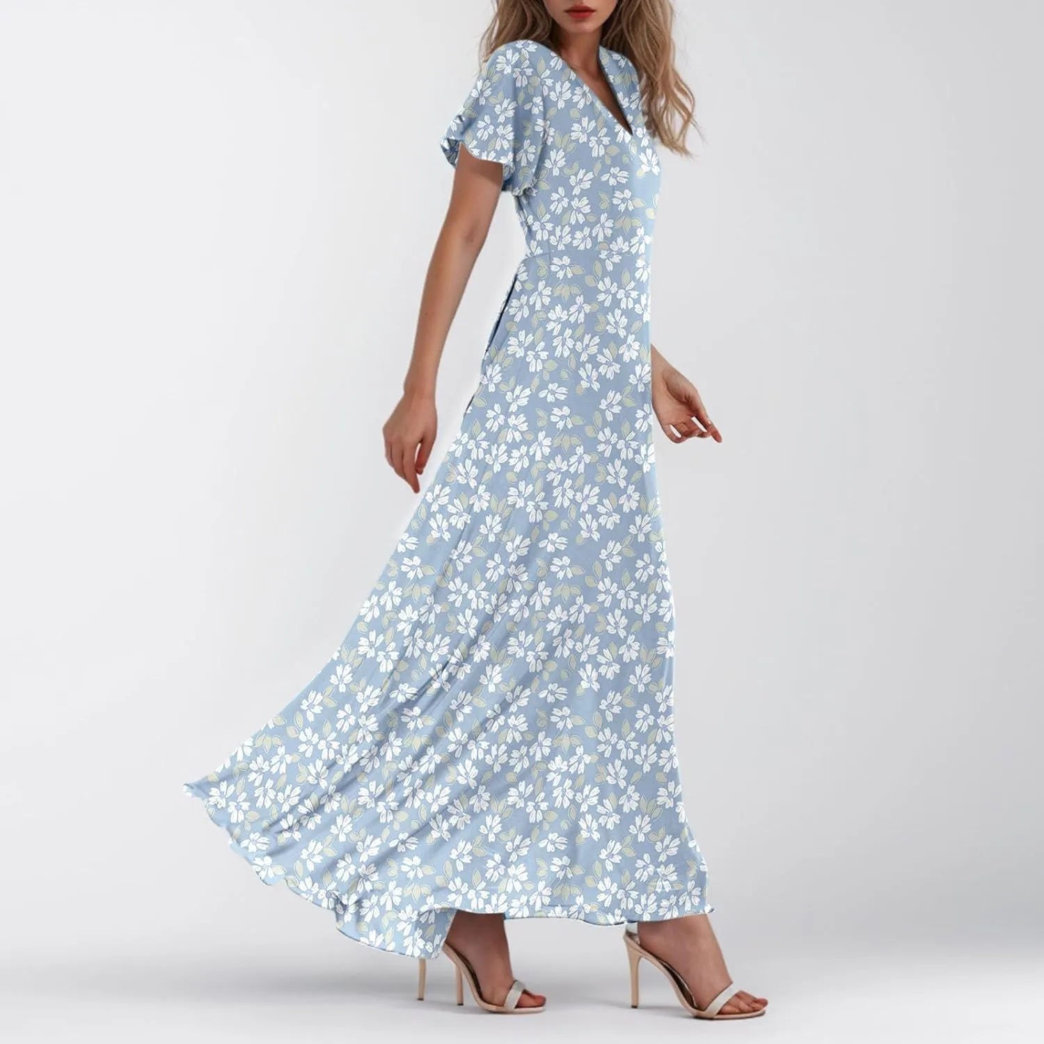 Elegant Dresses for Women 2025 Floral Print Ruffle Short Sleeve A-Line Dress Trendy V Neck High Waist Maxi Dress