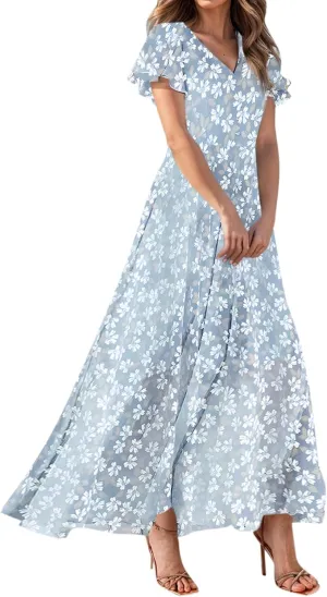 Elegant Dresses for Women 2025 Floral Print Ruffle Short Sleeve A-Line Dress Trendy V Neck High Waist Maxi Dress