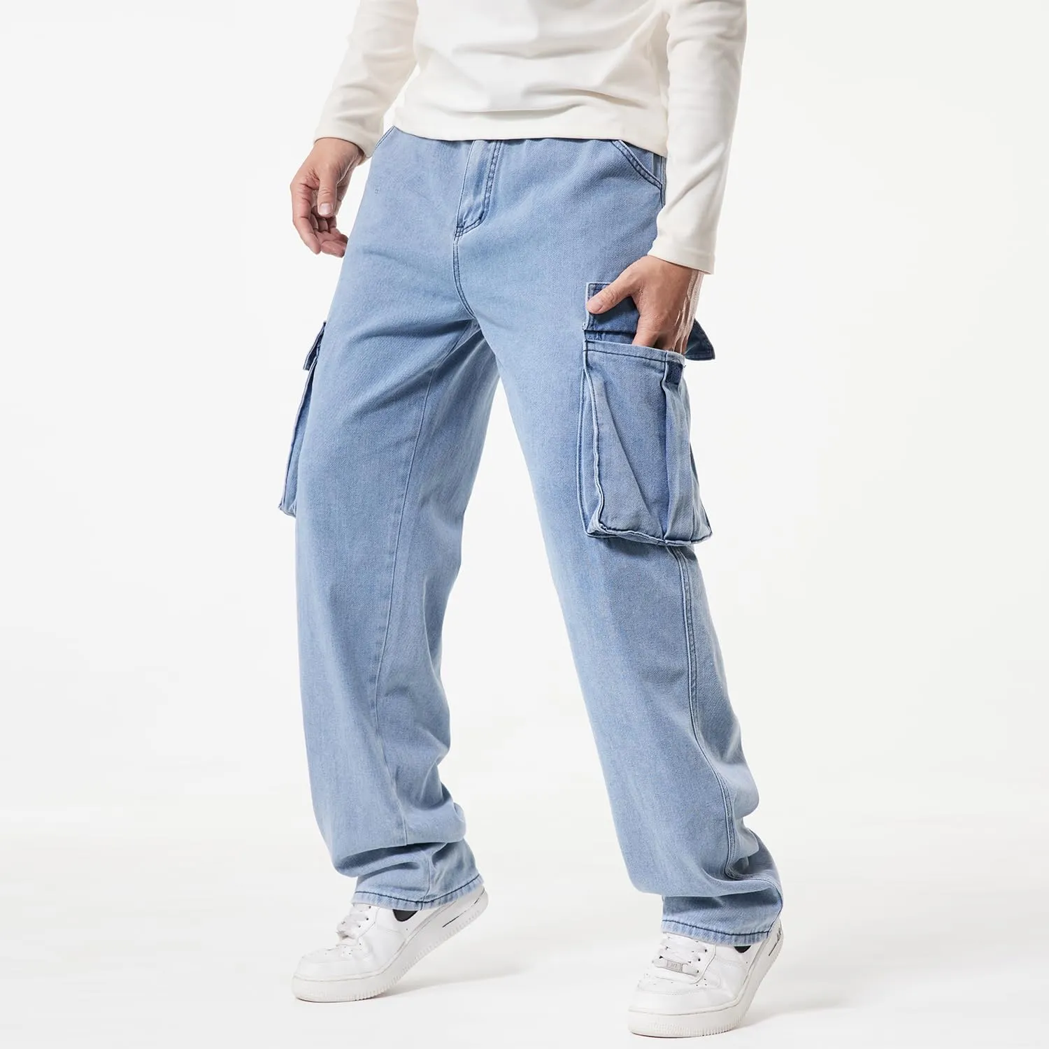 EnllerviiD Men's Baggy Cargo Jeans Straight Relaxed Fit Denim Work Pants Wide Leg Streetwear