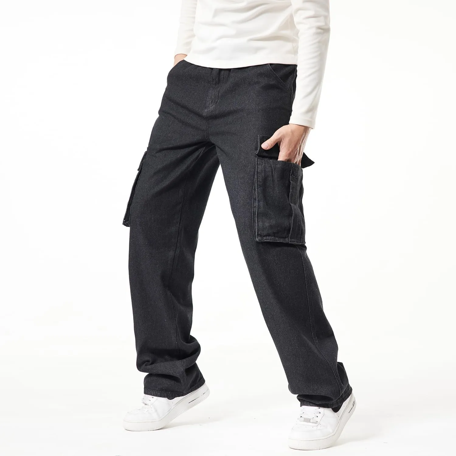 EnllerviiD Men's Baggy Cargo Jeans Straight Relaxed Fit Denim Work Pants Wide Leg Streetwear