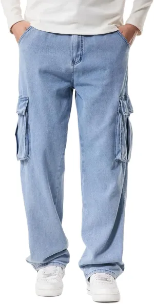 EnllerviiD Men's Baggy Cargo Jeans Straight Relaxed Fit Denim Work Pants Wide Leg Streetwear