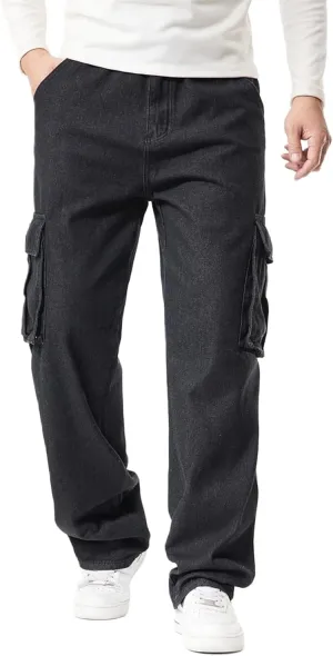 EnllerviiD Men's Baggy Cargo Jeans Straight Relaxed Fit Denim Work Pants Wide Leg Streetwear