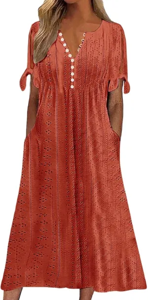 Eyelet Dresses for Women 2025 Short Sleeve V Neck Maxi Dress Casual Summer Beach Vacation Trendy Boho Long Sundress
