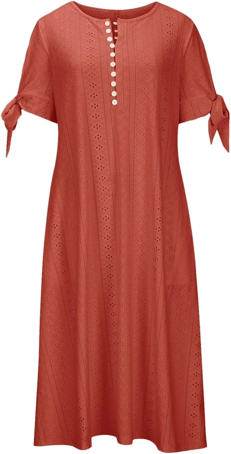 Eyelet Dresses for Women 2025 Short Sleeve V Neck Maxi Dress Casual Summer Beach Vacation Trendy Boho Long Sundress