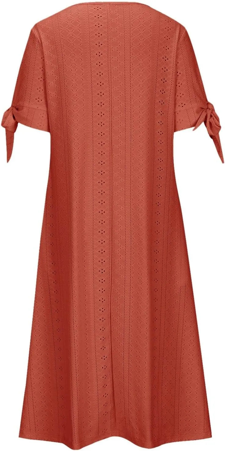 Eyelet Dresses for Women 2025 Short Sleeve V Neck Maxi Dress Casual Summer Beach Vacation Trendy Boho Long Sundress