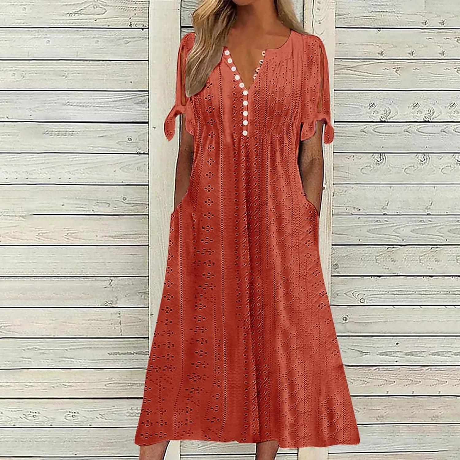 Eyelet Dresses for Women 2025 Short Sleeve V Neck Maxi Dress Casual Summer Beach Vacation Trendy Boho Long Sundress