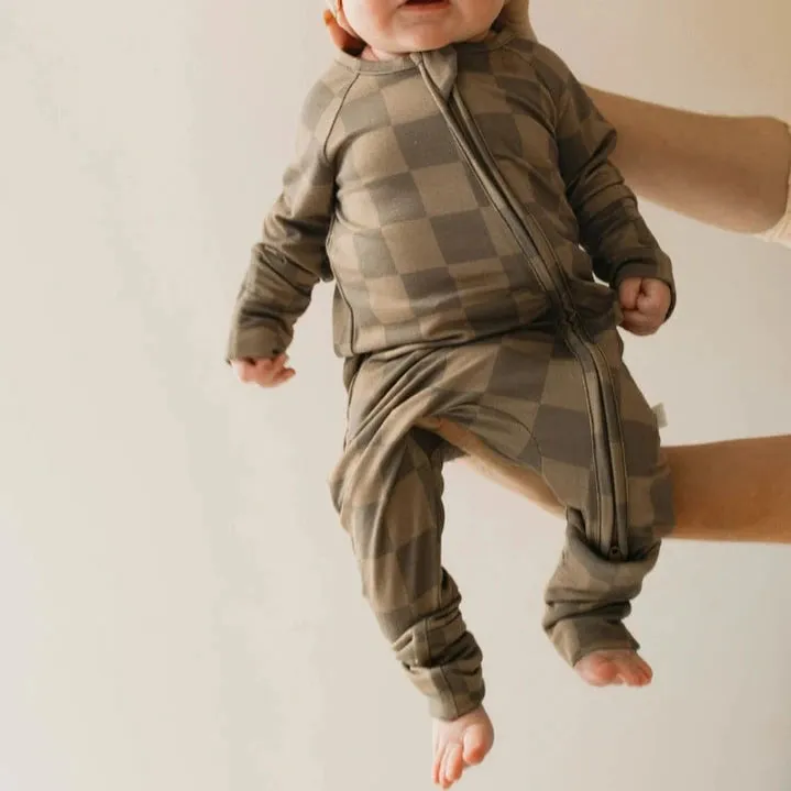 Faded Brown Checked Bamboo Zip Pajamas