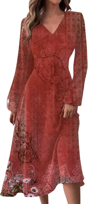 Fall Dresses for Wedding Guest Women Long Sleeve Wrap V Neck Ruffle Belted A-Line Flowy Midi Dresses