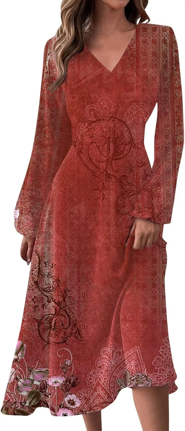 Fall Dresses for Wedding Guest Women Long Sleeve Wrap V Neck Ruffle Belted A-Line Flowy Midi Dresses