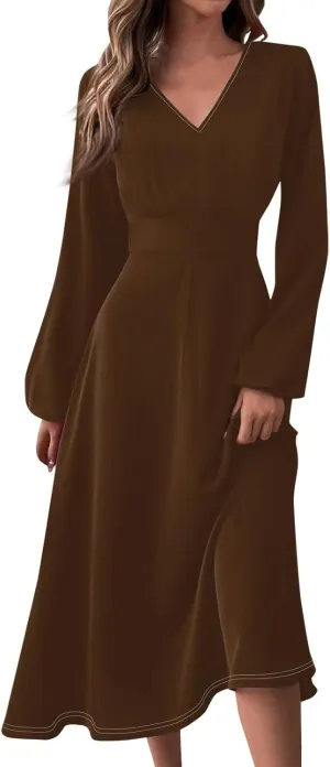 Fall Wedding Guest Dresses for Women Long Sleeve Wrap V Neck Ruffle Belted A-Line Flowy Midi Dresses